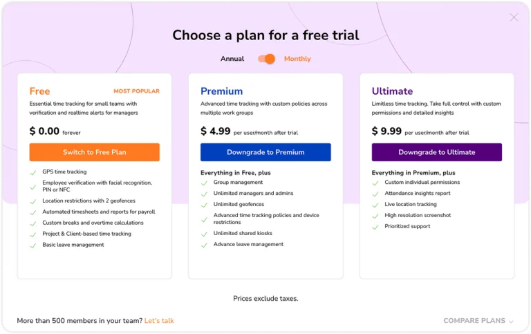 Subscription plan comparison table